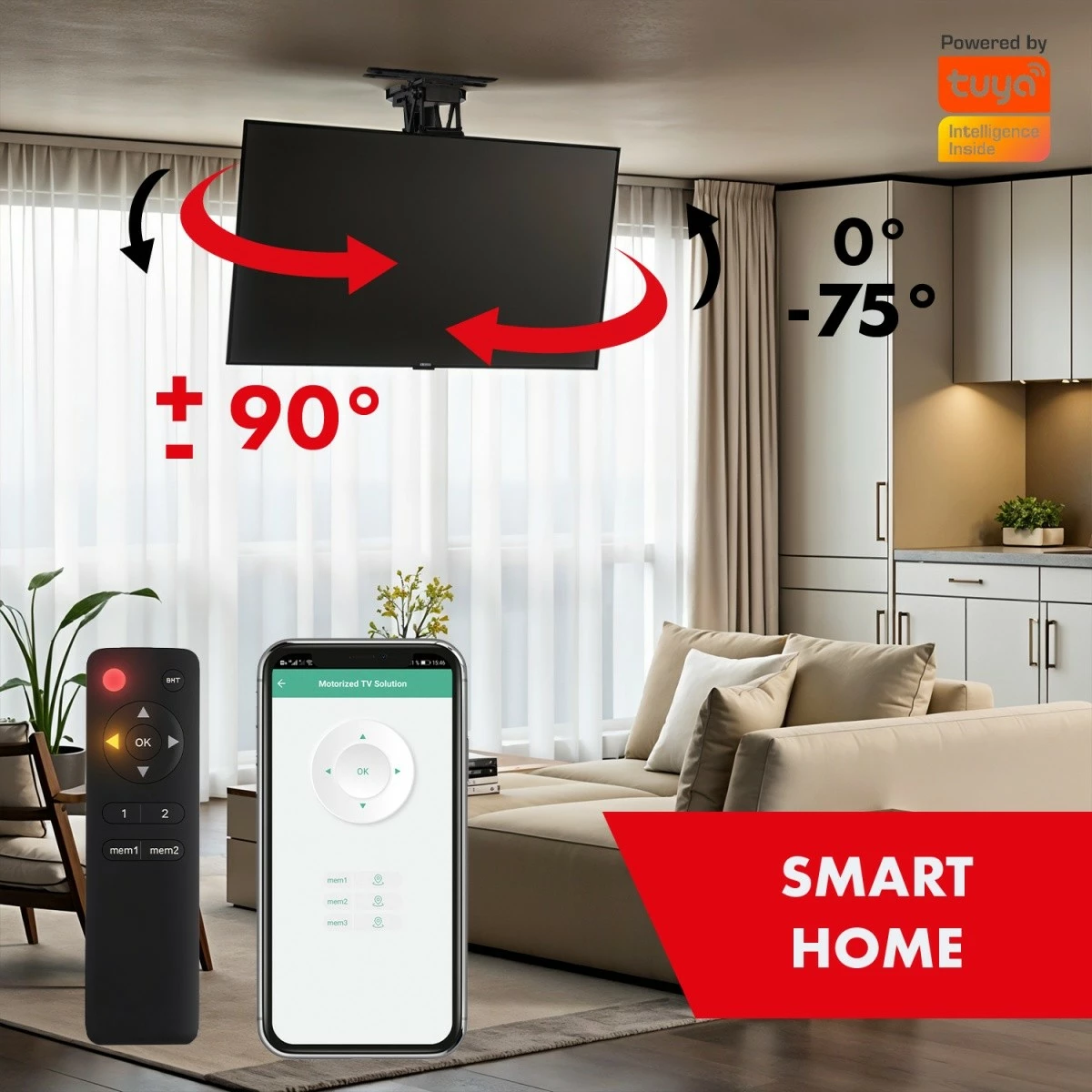 Električna stropna nosilka za televizor Maclean MC-491, 23–65 palcev, 30 kg, VESA 600x400, 90° vrtenje, črna