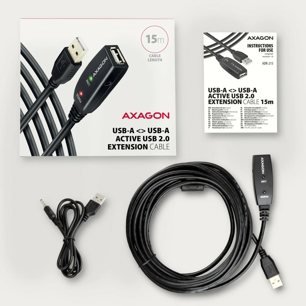 Aktivni podaljšek USB 2.0, AXAGON ADR-215, 15 m, črn Aktivni podaljšek USB 2.0, AXAGON ADR-215, 15 m, črn