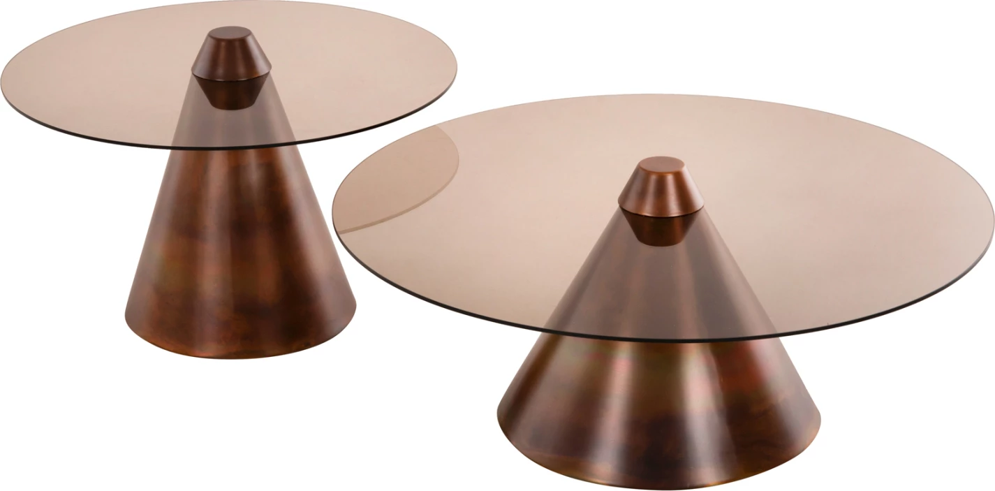 Klubske mizice 2 kosa REBEN FH9676 kovina v barvi žganega bakra-dimljeno steklo Φ80 & Φ60 cm