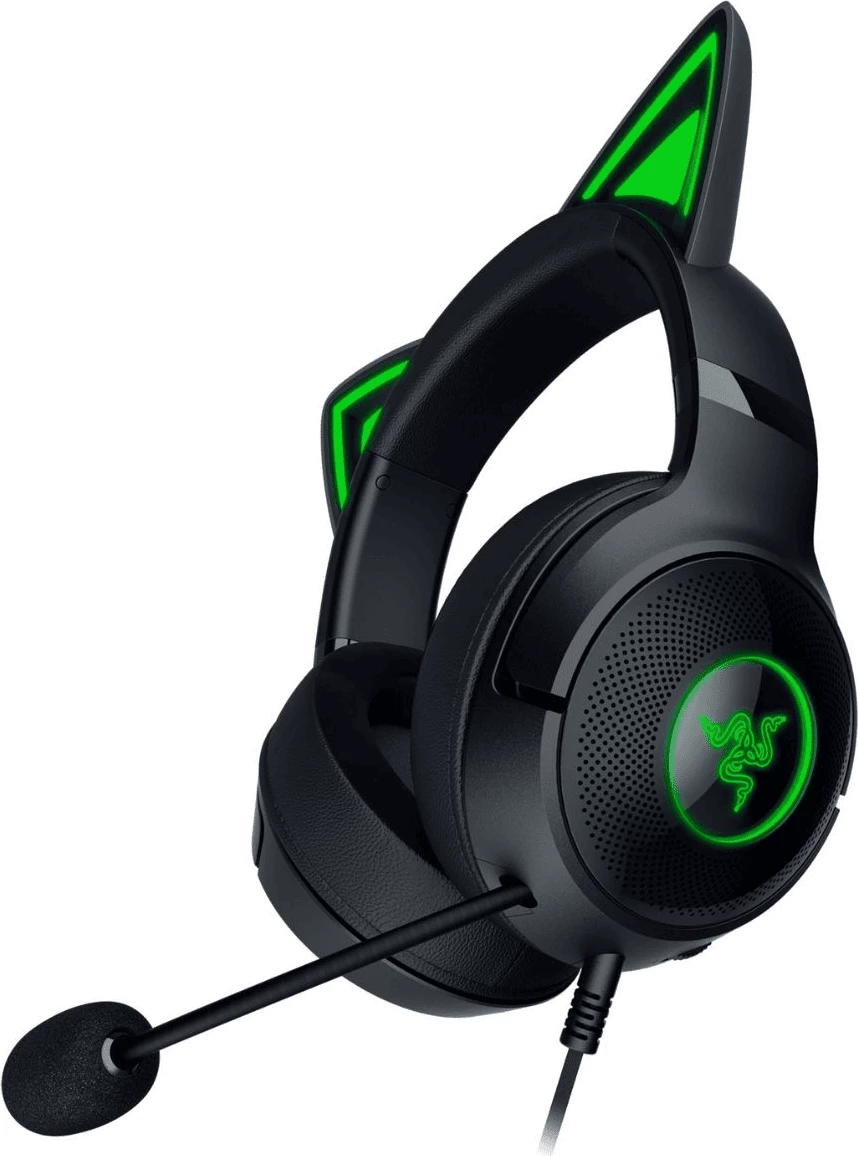 Slušalke za igre z mikrofonom, RGB osvetlitev, mačja ušesa Razer Kraken Kitty V2 RZ04-04730100-R3M1, črne