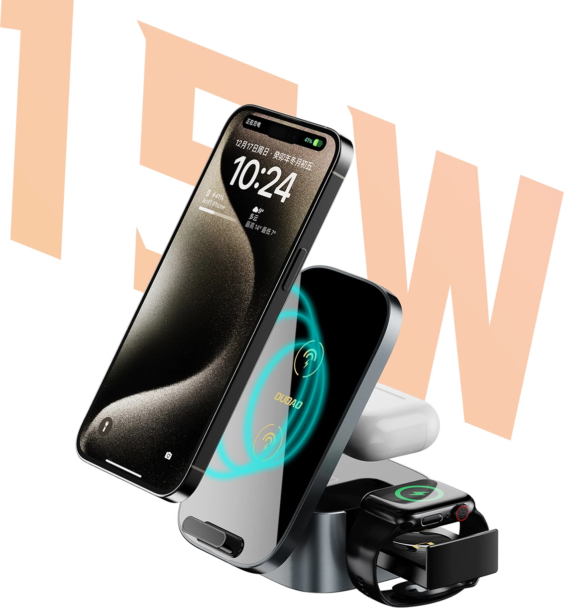 Brezžični polnilnik 3-v-1, 15 W, za telefon, pametno uro in slušalke — Dudao A11Pro+, črn