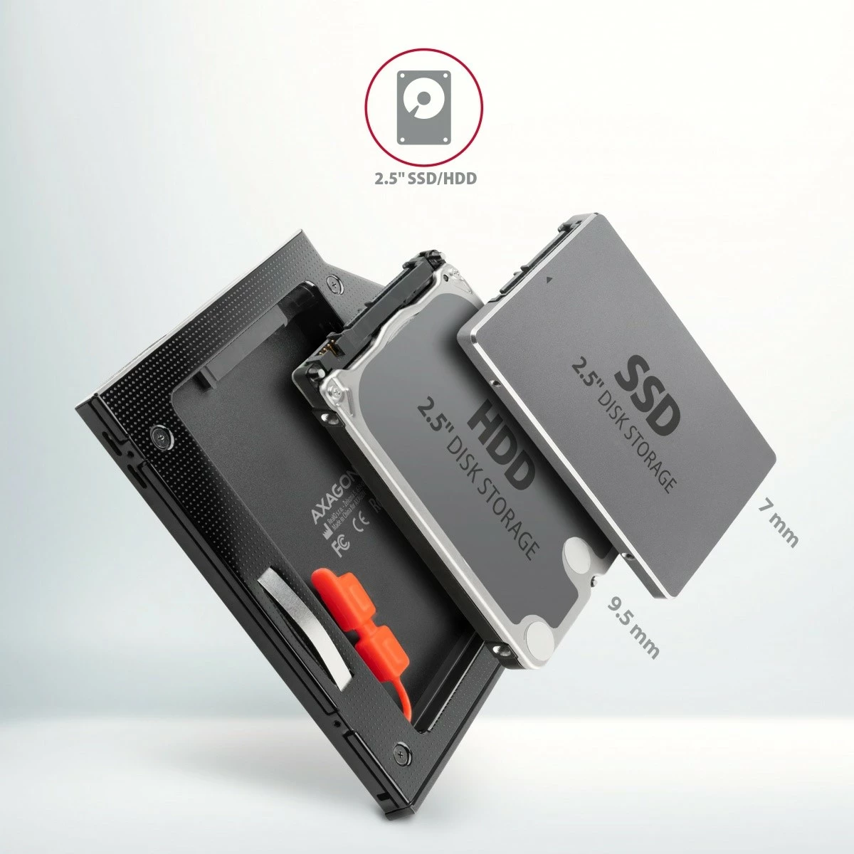 Računalniško ohišje za SSD/HDD 2,5" za ležišče DVD 9,5 mm, alumin, črno — AXAGON RSS-CD09 Računalniško ohišje za SSD/HDD 2,5" za ležišče DVD 9,5 mm, alumin, črno — AXAGON RSS-CD09