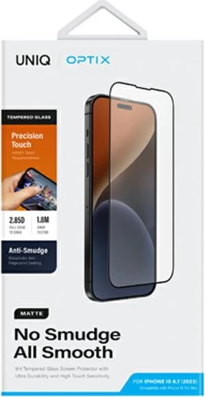 Zaščitno mat kaljeno steklo za zaslon, UNIQ Optix Matte za iPhone 15 Plus / 14 Pro Max, z montažnim kompletom