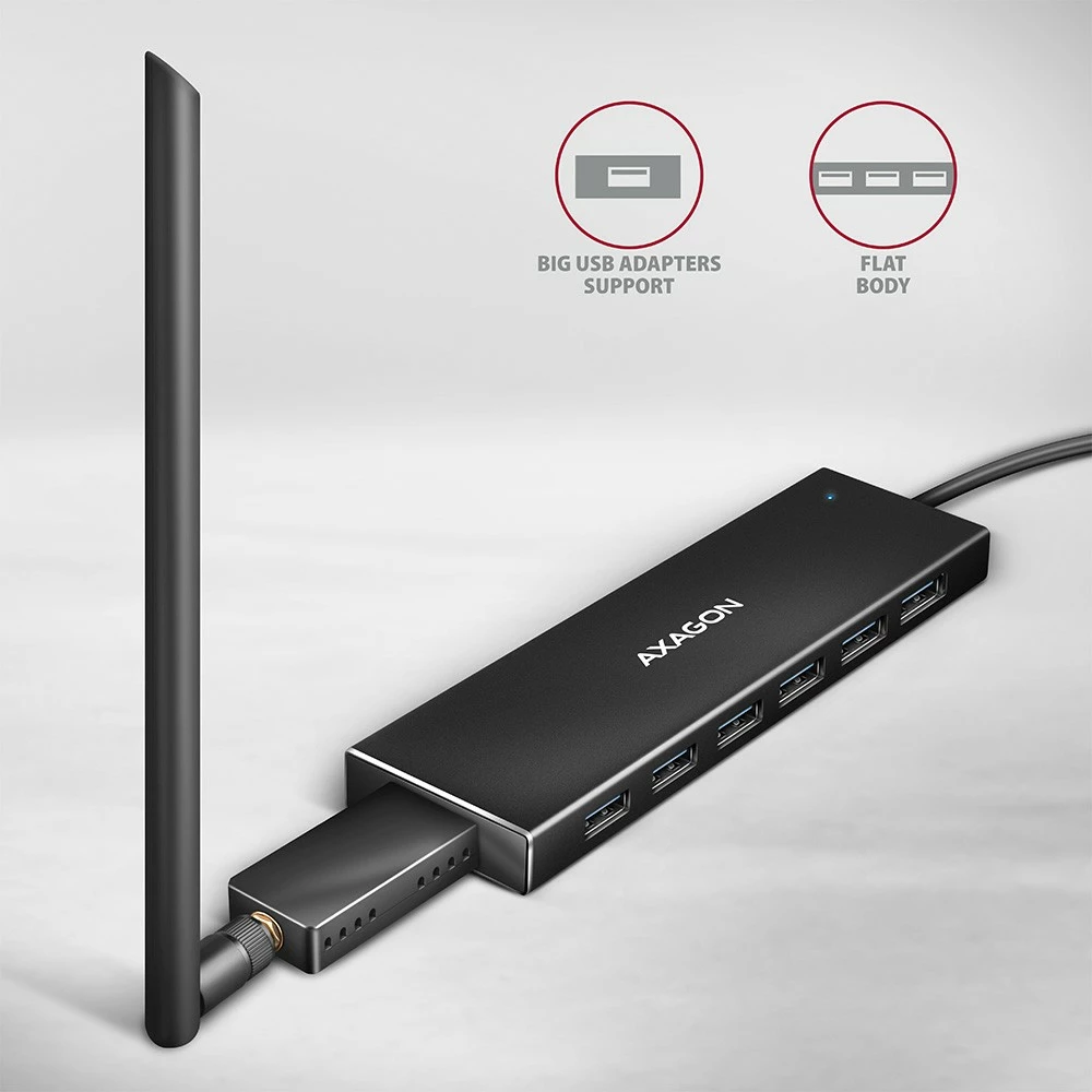 USB razdelilec z 7 vrati AXAGON HUE-F7A, USB 3.2 Gen 1, aluminij, 1 m kabel, črn USB razdelilec z 7 vrati AXAGON HUE-F7A, USB 3.2 Gen 1, aluminij, 1 m kabel, črn