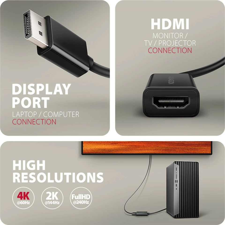 Aktivni adapter DisplayPort na HDMI, 4K/60Hz, 15 cm, črn, AXAGON RVD-HI20N Aktivni adapter DisplayPort na HDMI, 4K/60Hz, 15 cm, črn, AXAGON RVD-HI20N