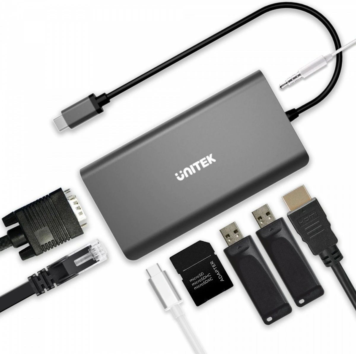Razširitveni hub USB-C 8-v-1, Unitek D1019B, HDMI, VGA, RJ45, SD, PD 100W, siv