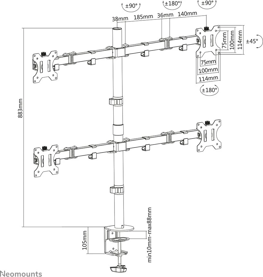 Krmilni nosilec za štiri monitorje Neomounts FPMA-D550D4BLACK, Clamp/Bolt-through, 6 kg, 33 cm (13"), 81,3 cm (32"), 100 x 100 mm, črn Krmilni nosilec za štiri monitorje Neomounts FPMA-D550D4BLACK, Clamp/Bolt-through, 6 kg, 33 cm (13"), 81,3 cm (32"), 100 x 100 mm, črn