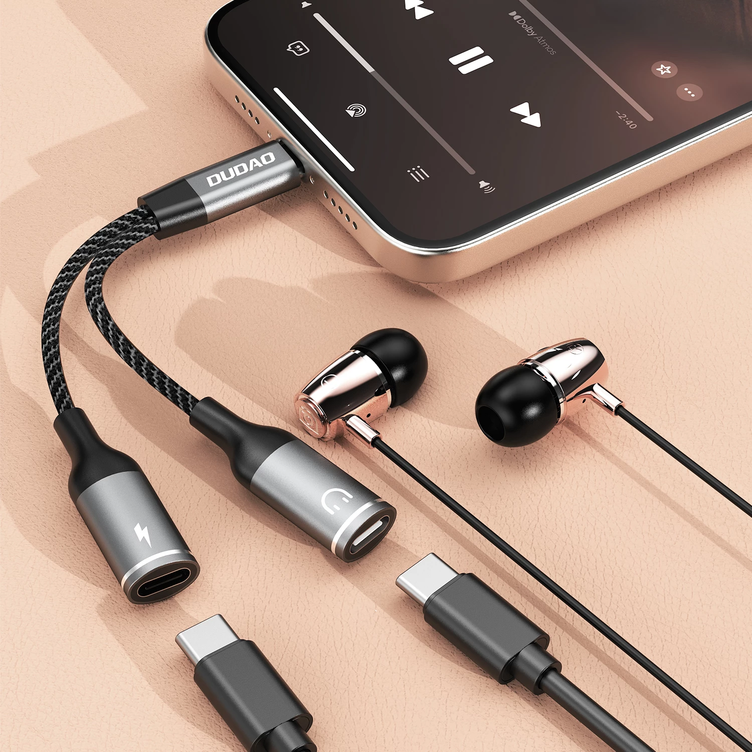 Adapter USB-C 2-v-1, Dudao L13C+, 1,2 m, siv