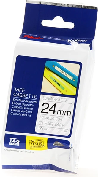 Laminiran trak za etikete Brother TZe-151, 24 mm x 8 m, črn na prozornem