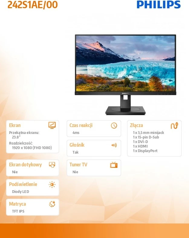 Monitor 23,8", IPS, FHD, Pivot, črn Philips 242S1AE Monitor 23,8", IPS, FHD, Pivot, črn Philips 242S1AE