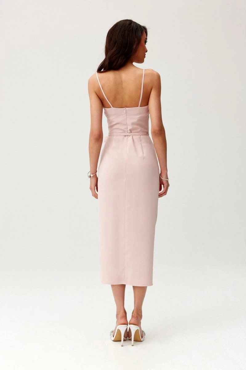 Elegantna midi obleka z ozkimi naramnicami Roco Fashion 196259, rožnata