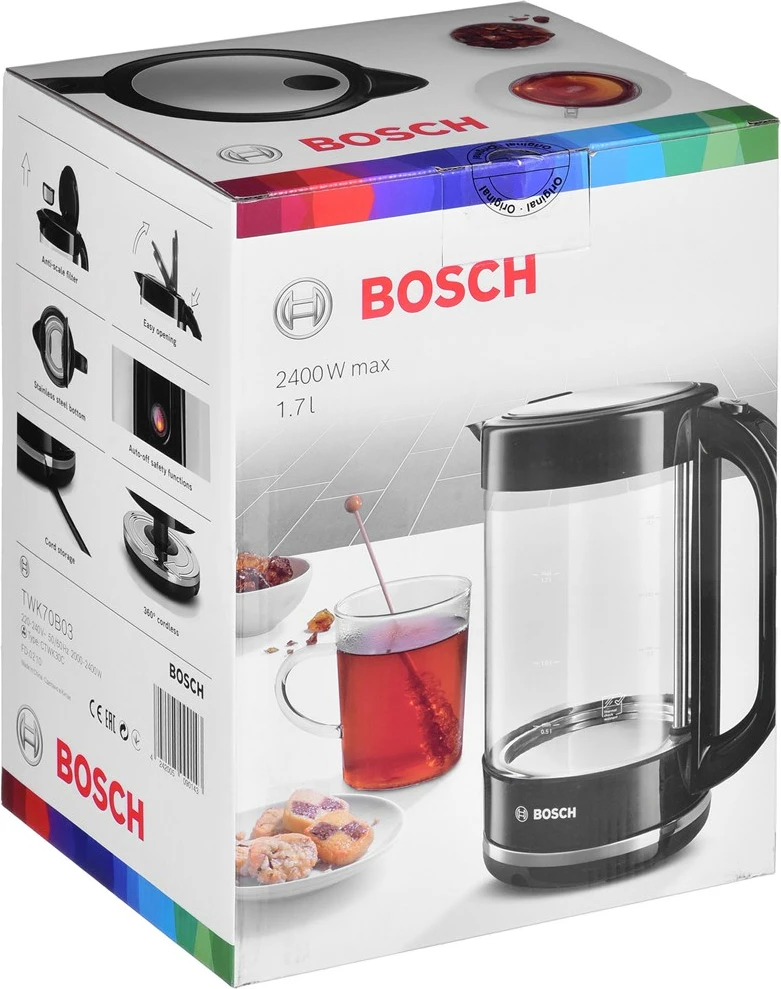 Električni kuhalnik vode, Bosch TWK70B03, 1,7 L, 2400 W, črn/ prozoren Električni kuhalnik vode, Bosch TWK70B03, 1,7 L, 2400 W, črn/ prozoren