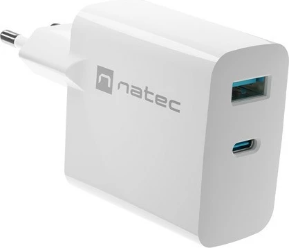 Stenski polnilec GaN 65W, 1x USB-A + 1x USB-C, Natec Ribera, bel