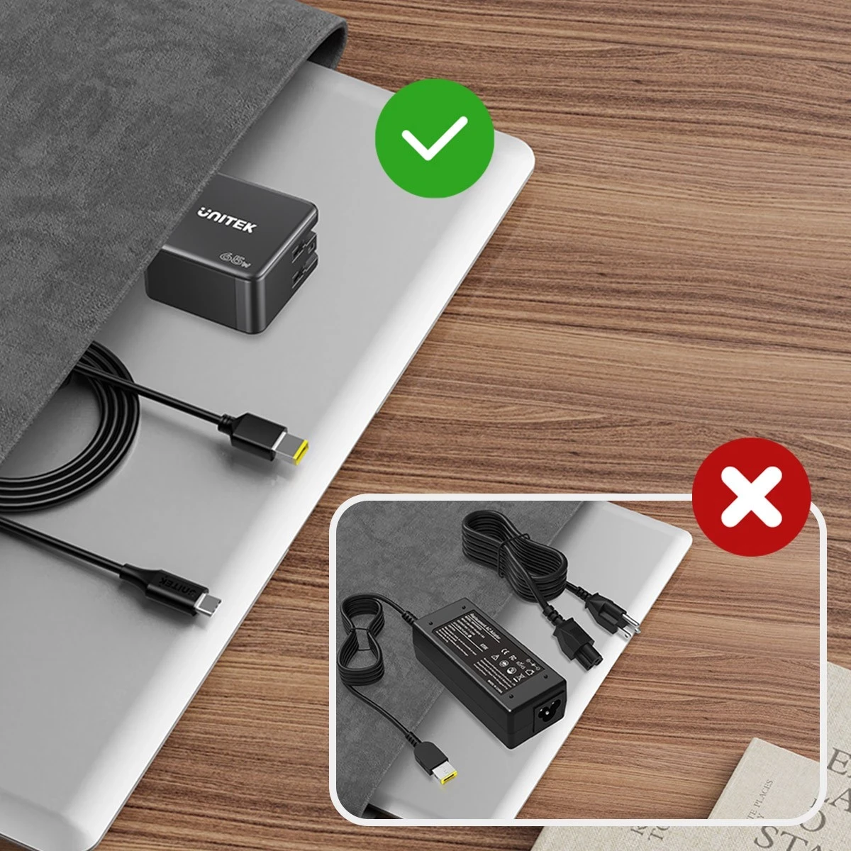 Kabel za polnjenje za prenosnik Unitek, 65W USB-C - DC5,5mm, črn