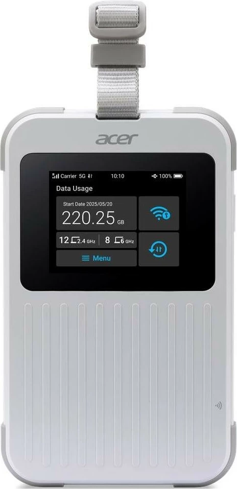Prenosni usmerjevalnik Acer Connect Enduro M6E 5G, Wi‑Fi 6E, zaslon na dotik, baterija 8000 mAh, bel