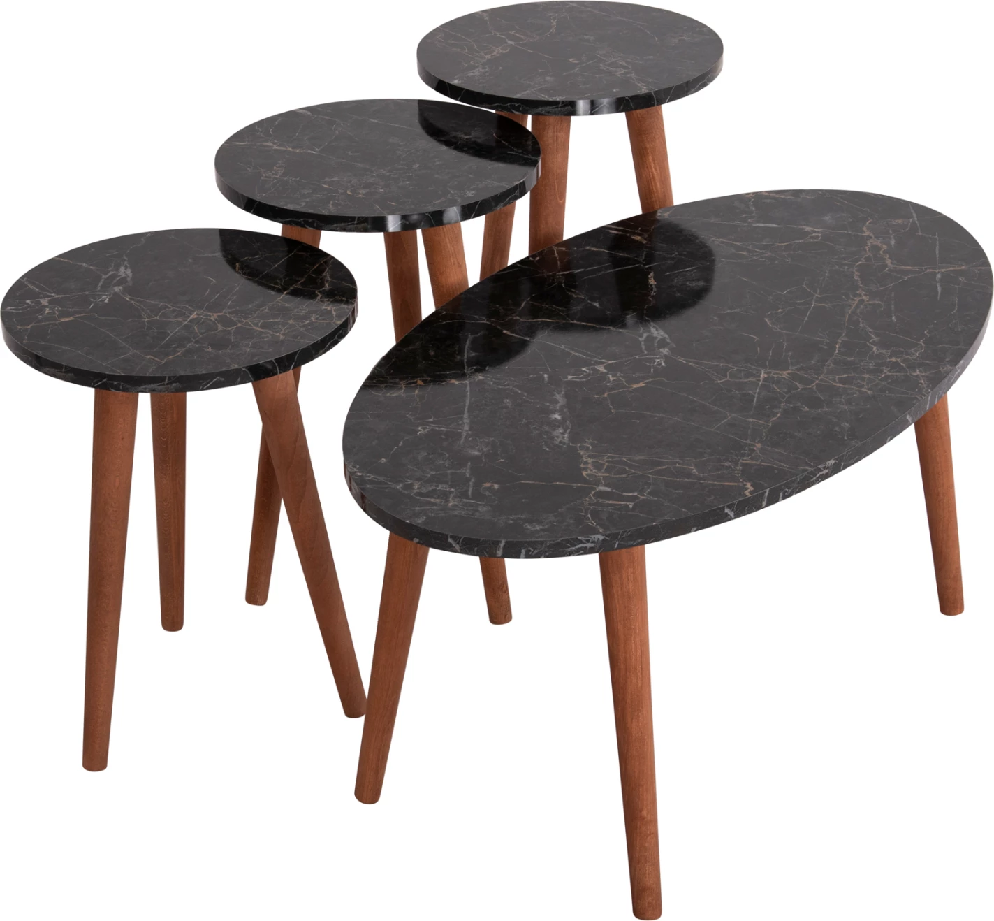Set klubske mize in 3 stranske mize VITAL FH18180.02 melamin v črnem marmorju-lesene noge v orehu