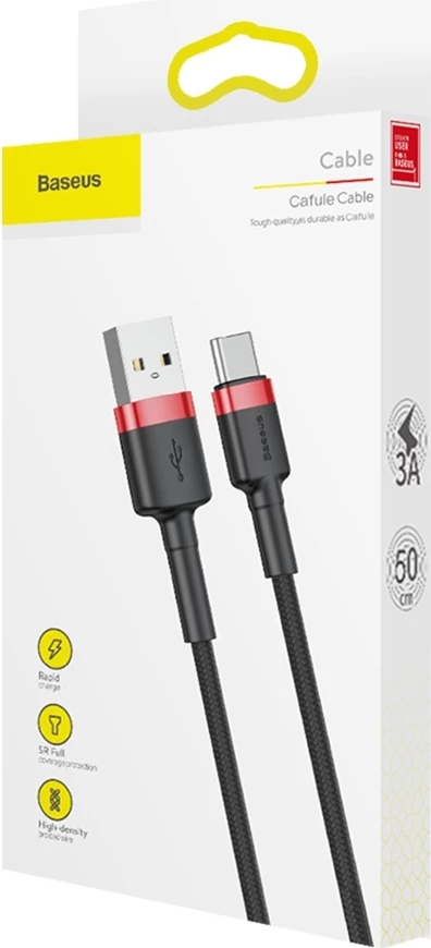 Kabel za hitro polnjenje in prenos podatkov Baseus Cafule CATKLF-A91 USB-A v USB-C, 0,5 m, 3A, QC 3.0, črno-rdeč