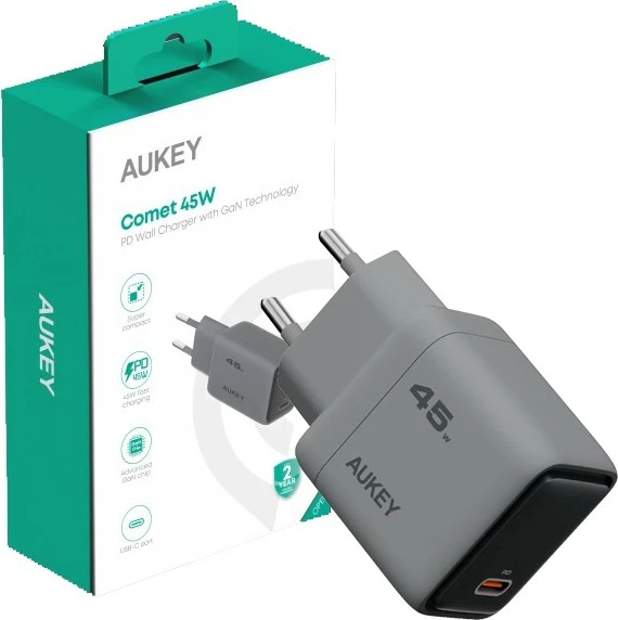 Stenski polnilec AUKEY PA-C2, 45 W, 1x USB-C, siv