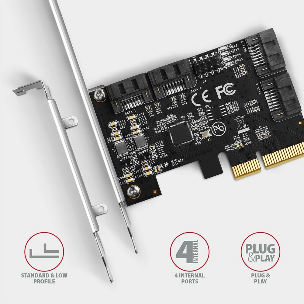 Razširitvena kartica 4x SATA 6G, PCIe, ASM1164 AXAGON PCES-SA4X4, za računalnik, črna Razširitvena kartica 4x SATA 6G, PCIe, ASM1164 AXAGON PCES-SA4X4, za računalnik, črna