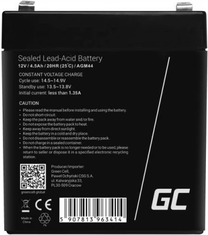 AGM VRLA svinčeno-kislinska polnilna baterija Green Cell AGM44 12V 4,5Ah Faston F2