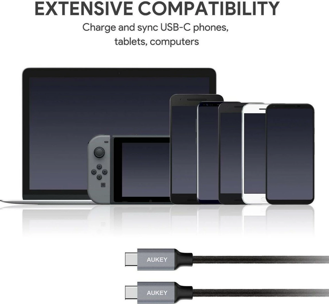 Kabel USB Type-C 2 m, 60W, najlon, črno/siv — AUKEY CB-CD6