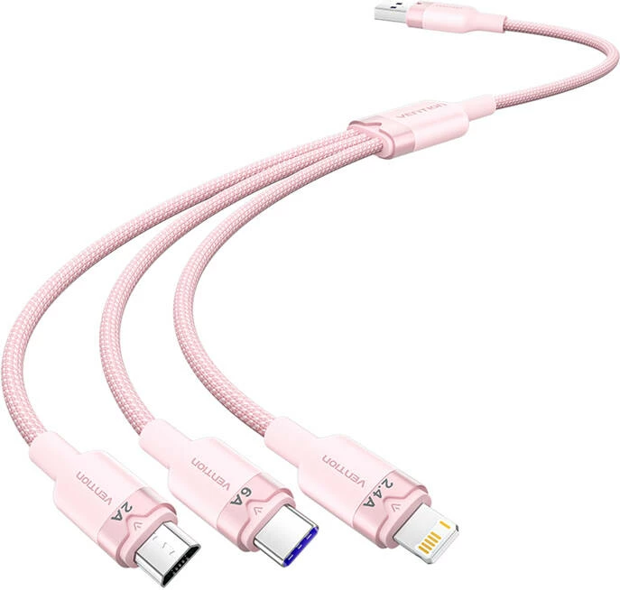 3-v-1 kabel Vention CTRPG, 1,5 m, USB 2.0 A na USB-C/Lightning/Micro-B, roza