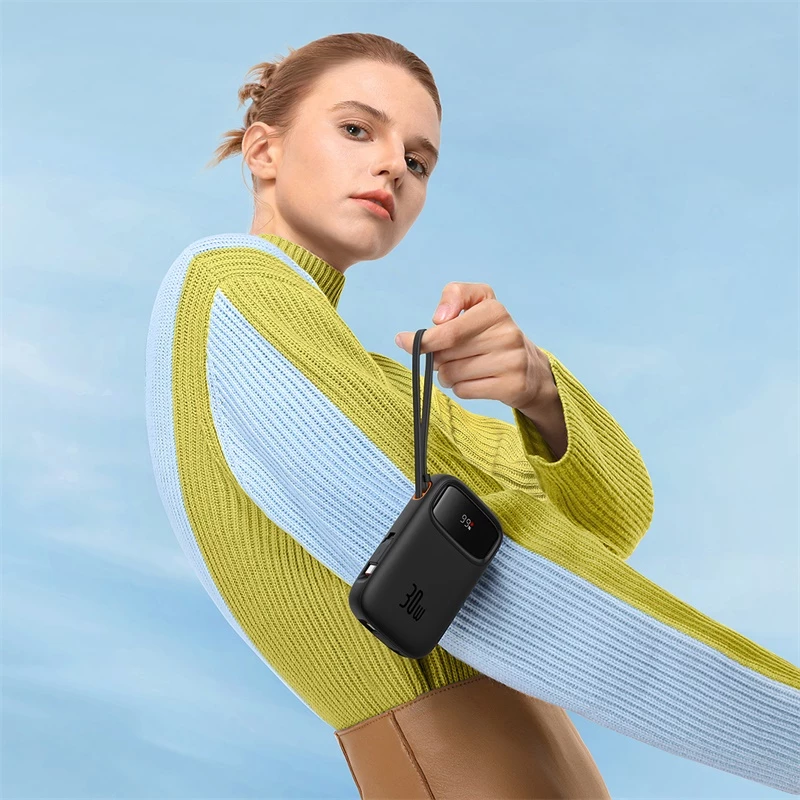 Powerbank 10.000 mAh, 30 W, z vgrajenim USB-C kablom, LED zaslon, črn Baseus QPow 2