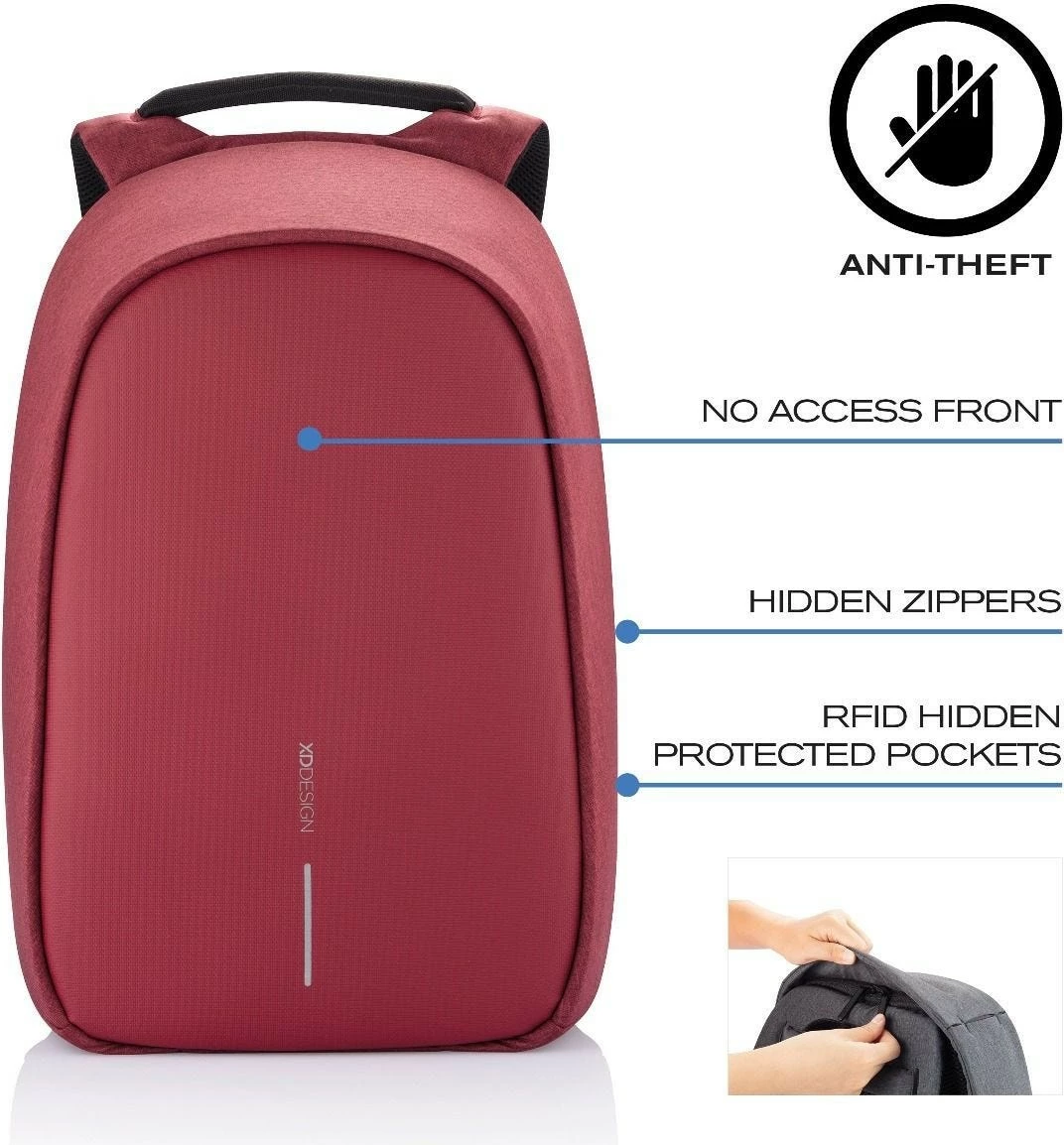 Protivlomni nahrbtnik XD DESIGN BOBBY HERO REGULAR, 16 L, za prenosnik 15,6", rdeč
