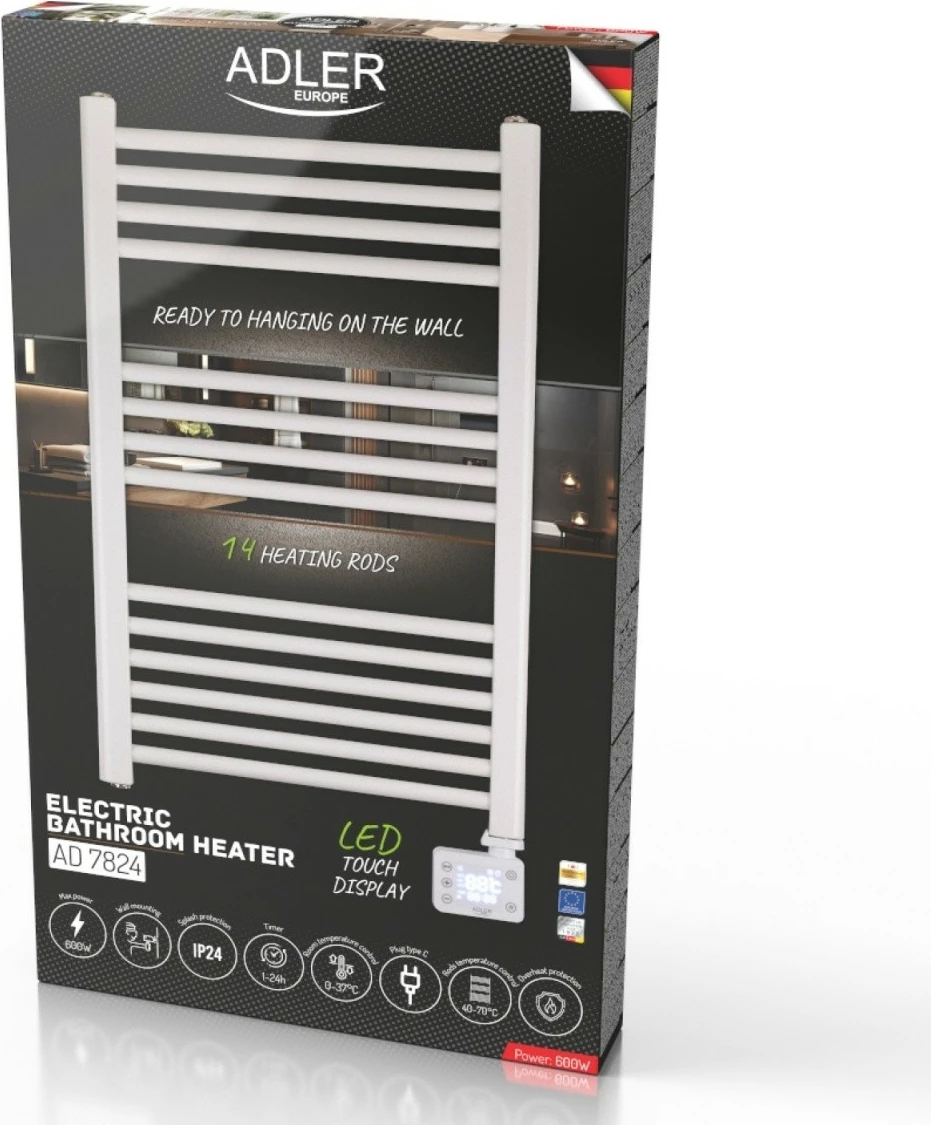 Električni kopalniški radiator z LED, Adler AD 7824, 600 W, 50×90 cm, 24-urni timer, IP24, bel