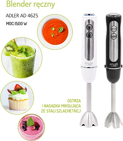 Palični mešalnik, Adler AD 4625, 850 W (1500 W max), 5 hitrosti + Turbo, inox noga, kabel 1,8 m, bel