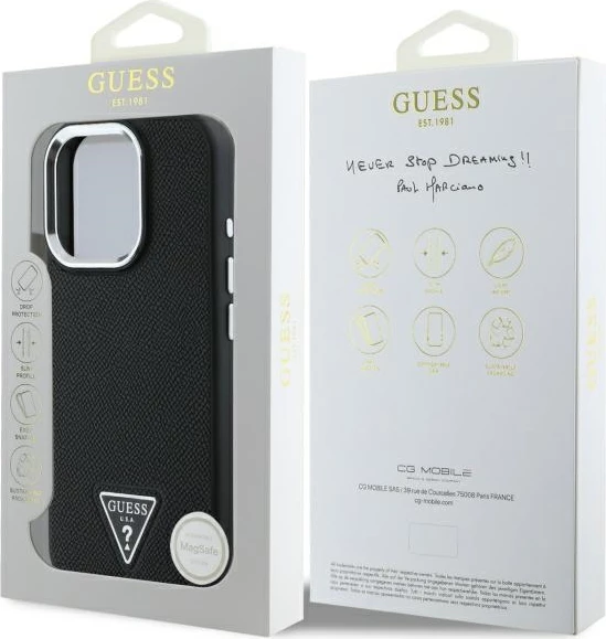 Ohišje z elegantno teksturo Guess Grained Triangle MagSafe za iPhone 16 Pro Max 6,9", črno