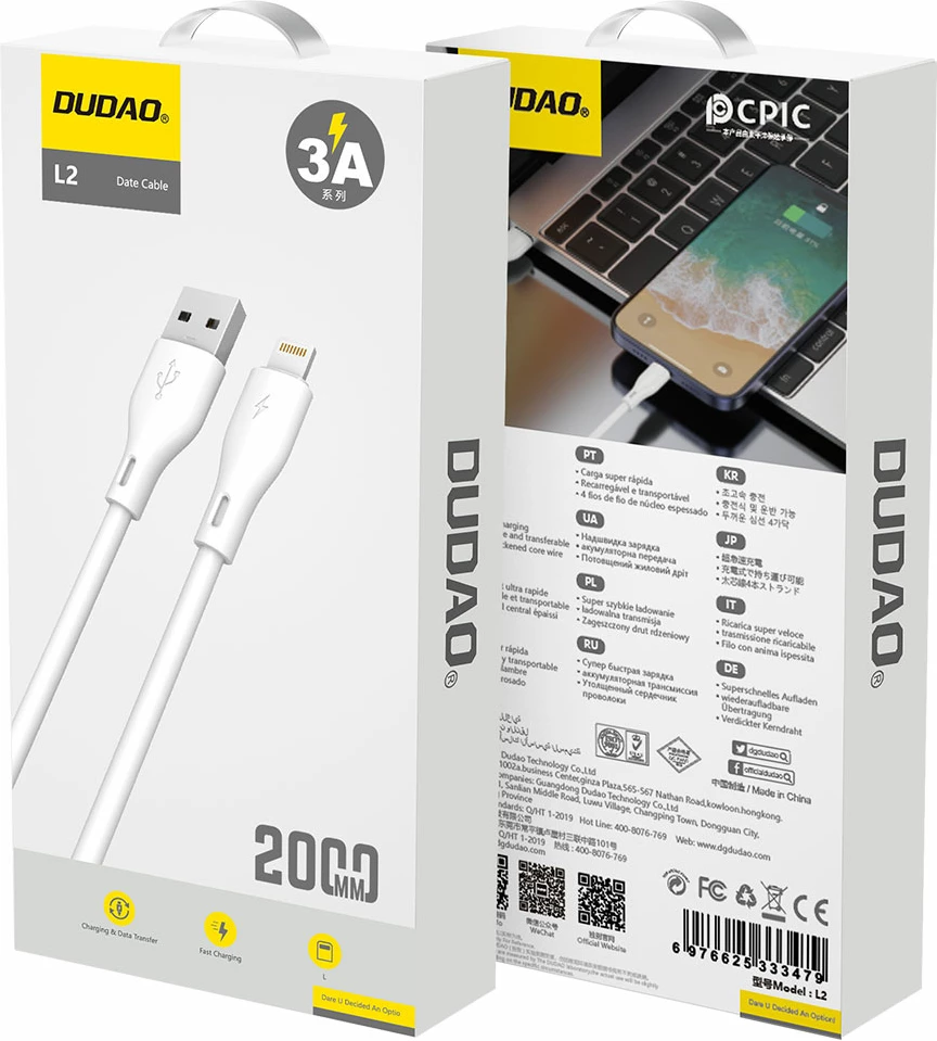 Kabel USB-A na Lightning, 2 m, 3A, bel — Dudao L2L