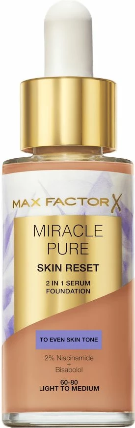 Žametno-satenski podlaga in serum Max Factor Miracle Pure 2-v-1 Skin Reset, 60-80 Light to Medium, 30 ml