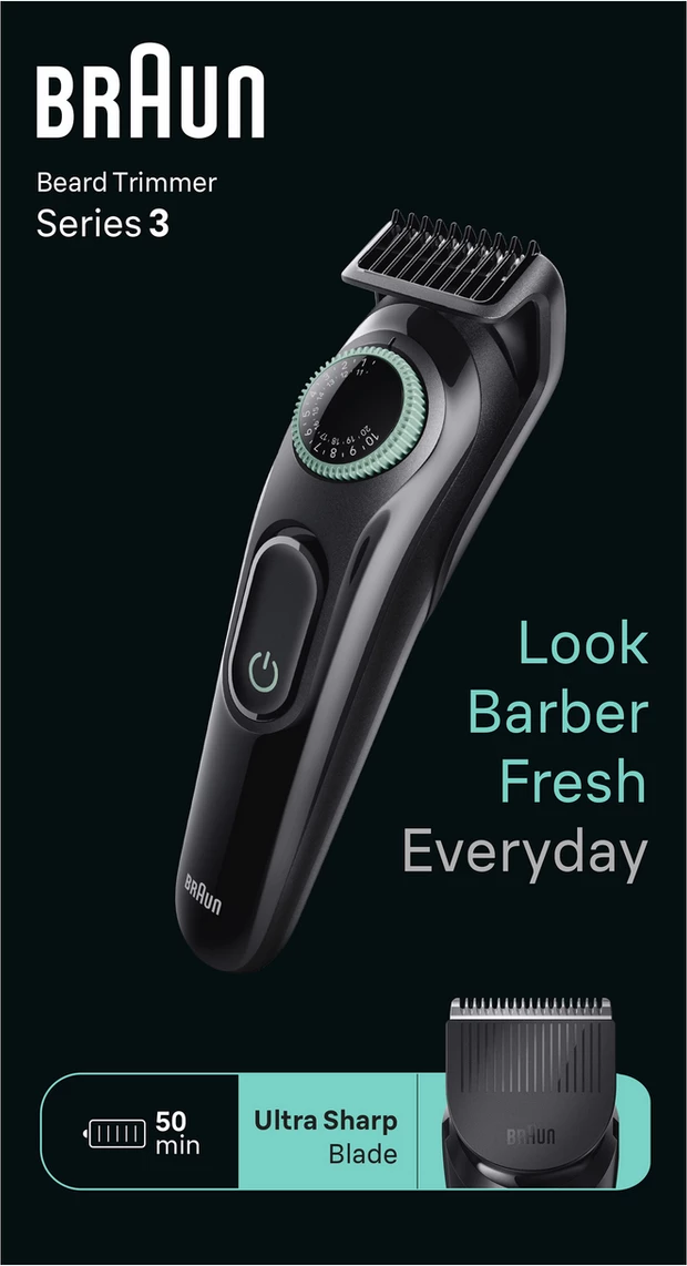 Trimer za brado Braun Series 3 80708180, do 50 min, ultra ostra rezila, črn
