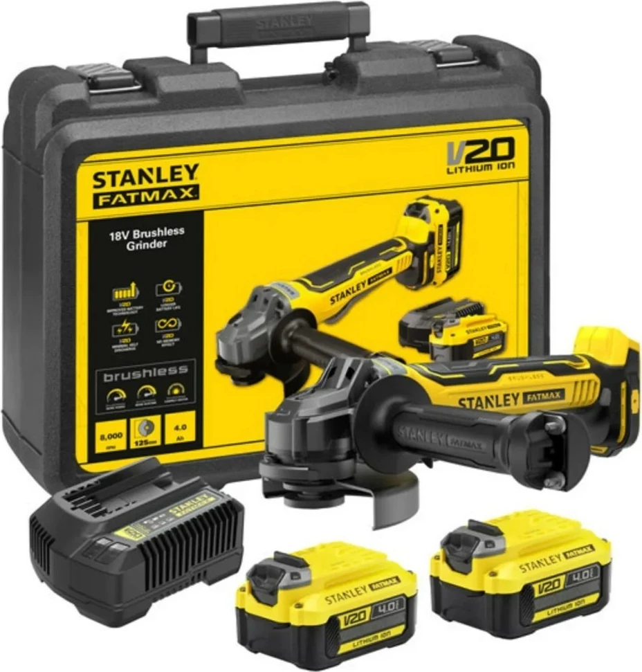 Kotni brusilnik 125 mm STANLEY SFMCG700M2K, 2x4,0Ah, rumen