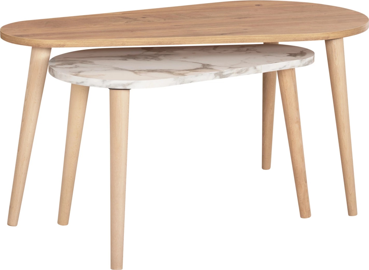 Klubske mizice 2 kosa APRILIA FH18179.03 melamin v naravni in beli marmor-lesene noge v naravni 94x47x47,5Hcm