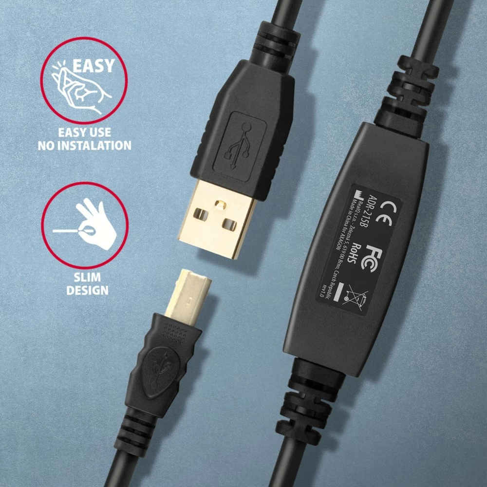 Aktivni USB 2.0 kabel, AXAGON ADR-215B, 15 m, črn Aktivni USB 2.0 kabel, AXAGON ADR-215B, 15 m, črn