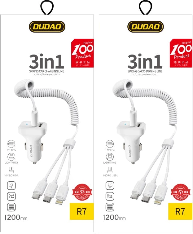 Avtomobilski polnilec Dudao R7, 2x USB, 3-v-1 kabel, 2,4 A, bel