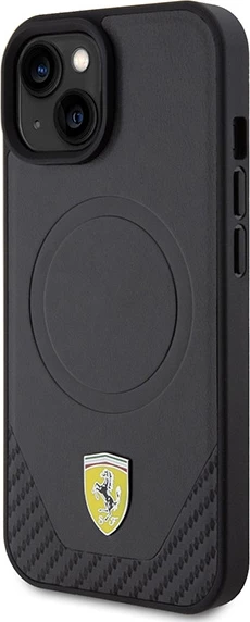Ovitek za telefon z ogljikovimi detajli in kovinskim logotipom, MagSafe, črn Ferrari FEHMP15SPTEK za iPhone 15 6.1"