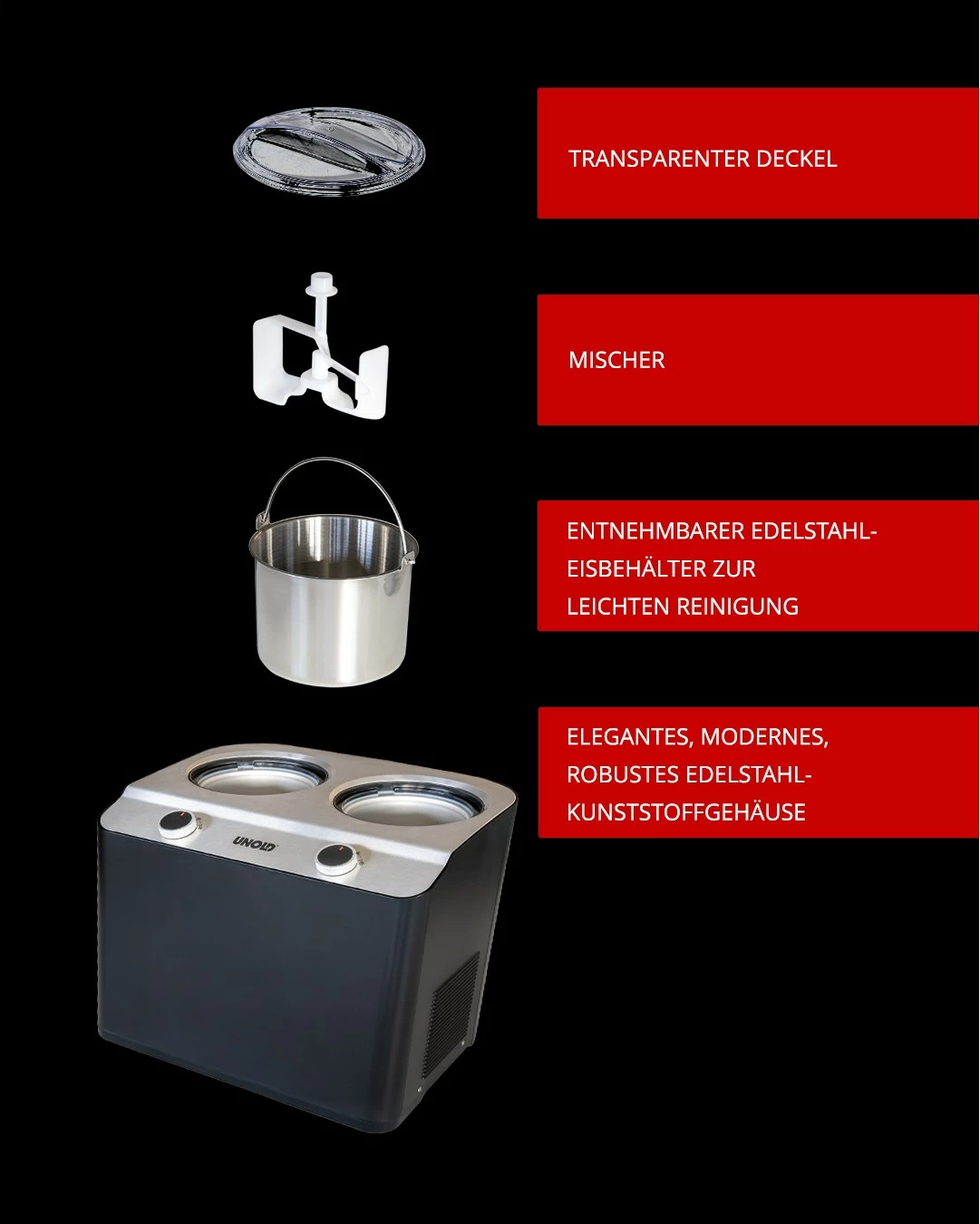 Aparat za sladoled Doppio UNOLD, 2,4 L, 2 posodi, kompresor, inox, črn