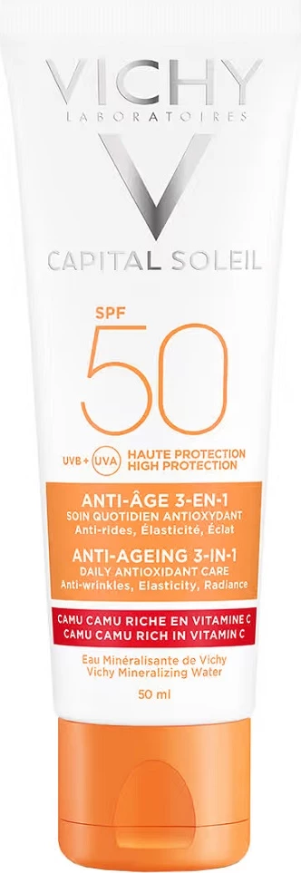 Obrazna krema proti staranju z zaščito SPF 50, za ženske, Vichy Capital Soleil Anti-Aging 3-v-1, 50 ml