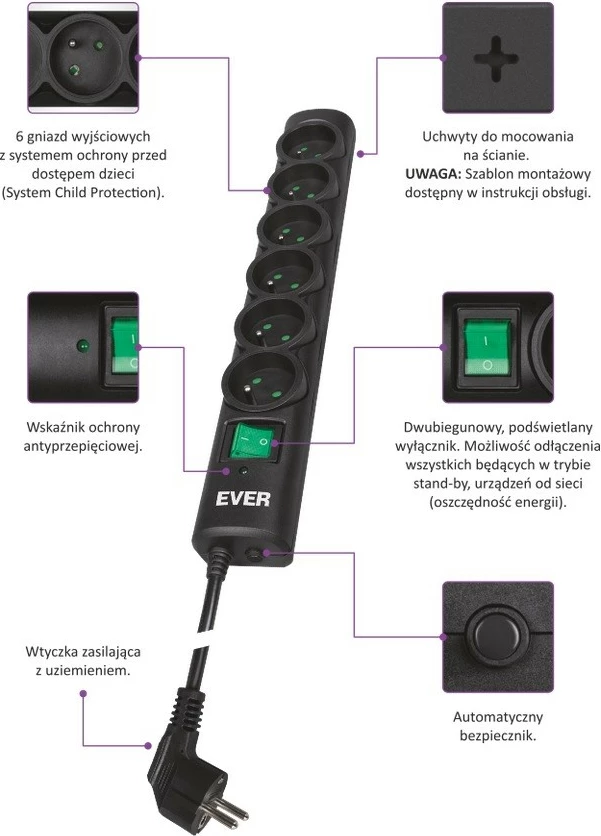 Zaščitna razdelilna vtičnica EVER Optima T/LZ08-OPT050/0000, 6 vtičev, 5 m, črna