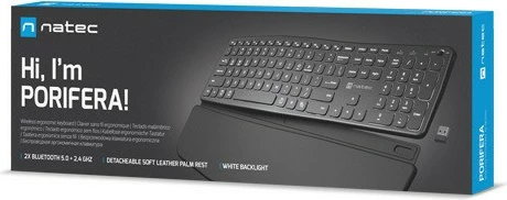 Ergonomska brezžična tipkovnica z osvetlitvijo Natec Porifera NKL-1995, Bluetooth + 2.4GHz, črna