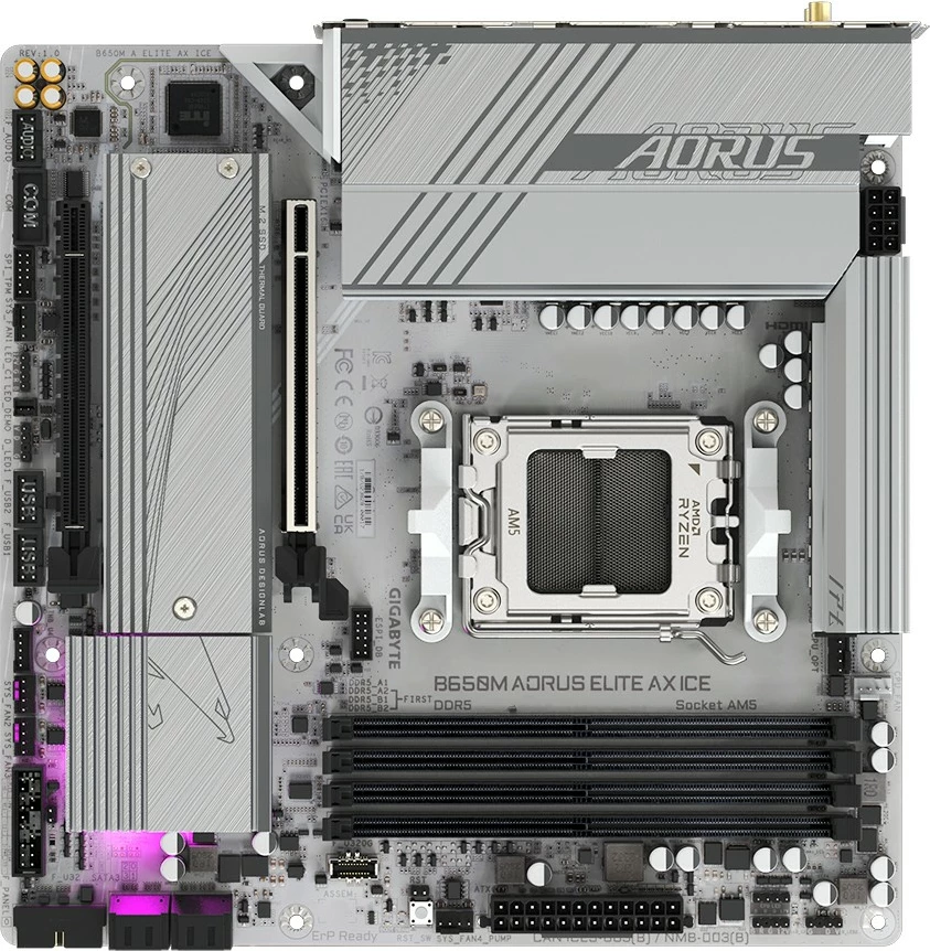 Matična plošča B650M AORUS ELITE AX ICE Gigabyte, Socket AM5, DDR5, PCIe 5.0, WiFi 6E, srebrna