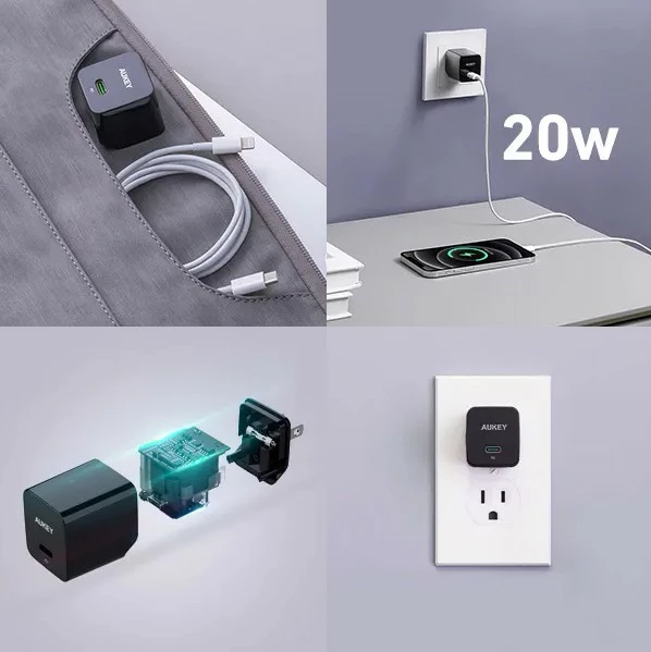 Kompakten stenski polnilec AUKEY PA-Y20S, 20 W, 1x USB-C, črn