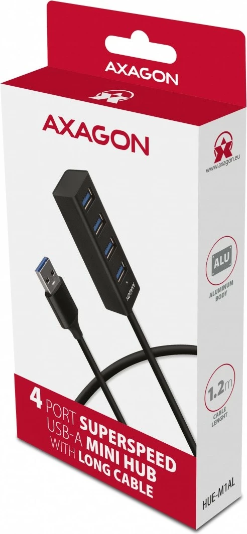 Mini kovinski USB razdelilec, 4 vrata, USB 3.2 Gen 1, kabel 1,2 m, črn AXAGON HUE-M1AL
