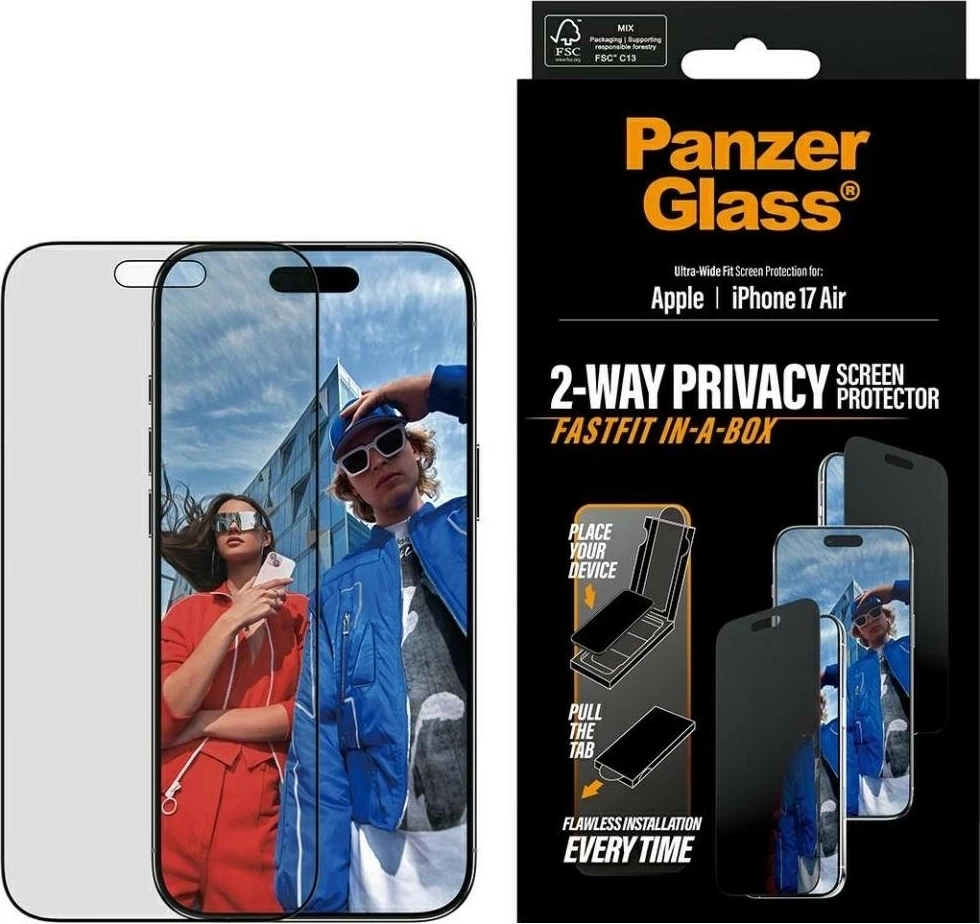 Ovitek za telefon PanzerGlass Ultra-Wide Fit Fastfit za iPhone 17 Air, privacy glass, črn