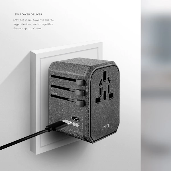 Univerzalni potovalni adapter UNIQ Voyage LITHOS Collective 33W, 2xUSB PD 18W QC 3.0, siv