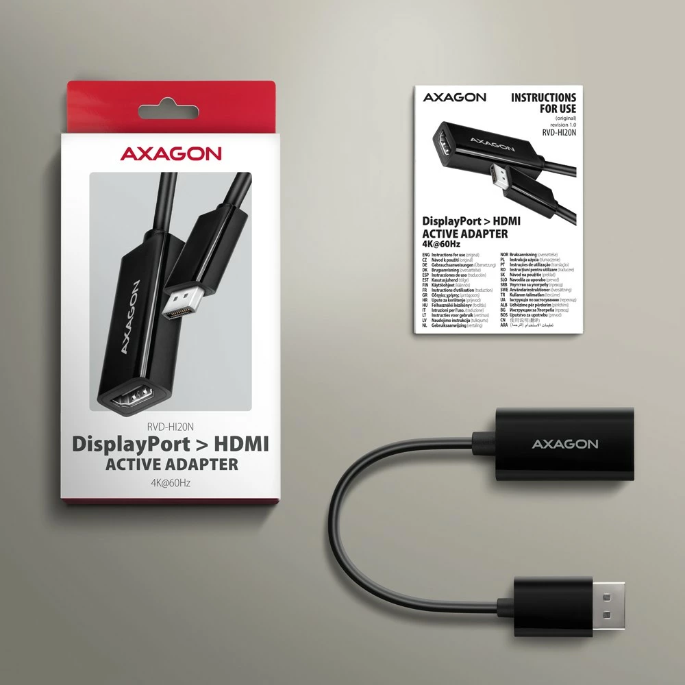 Aktivni adapter DisplayPort na HDMI, 4K/60Hz, 15 cm, črn, AXAGON RVD-HI20N Aktivni adapter DisplayPort na HDMI, 4K/60Hz, 15 cm, črn, AXAGON RVD-HI20N