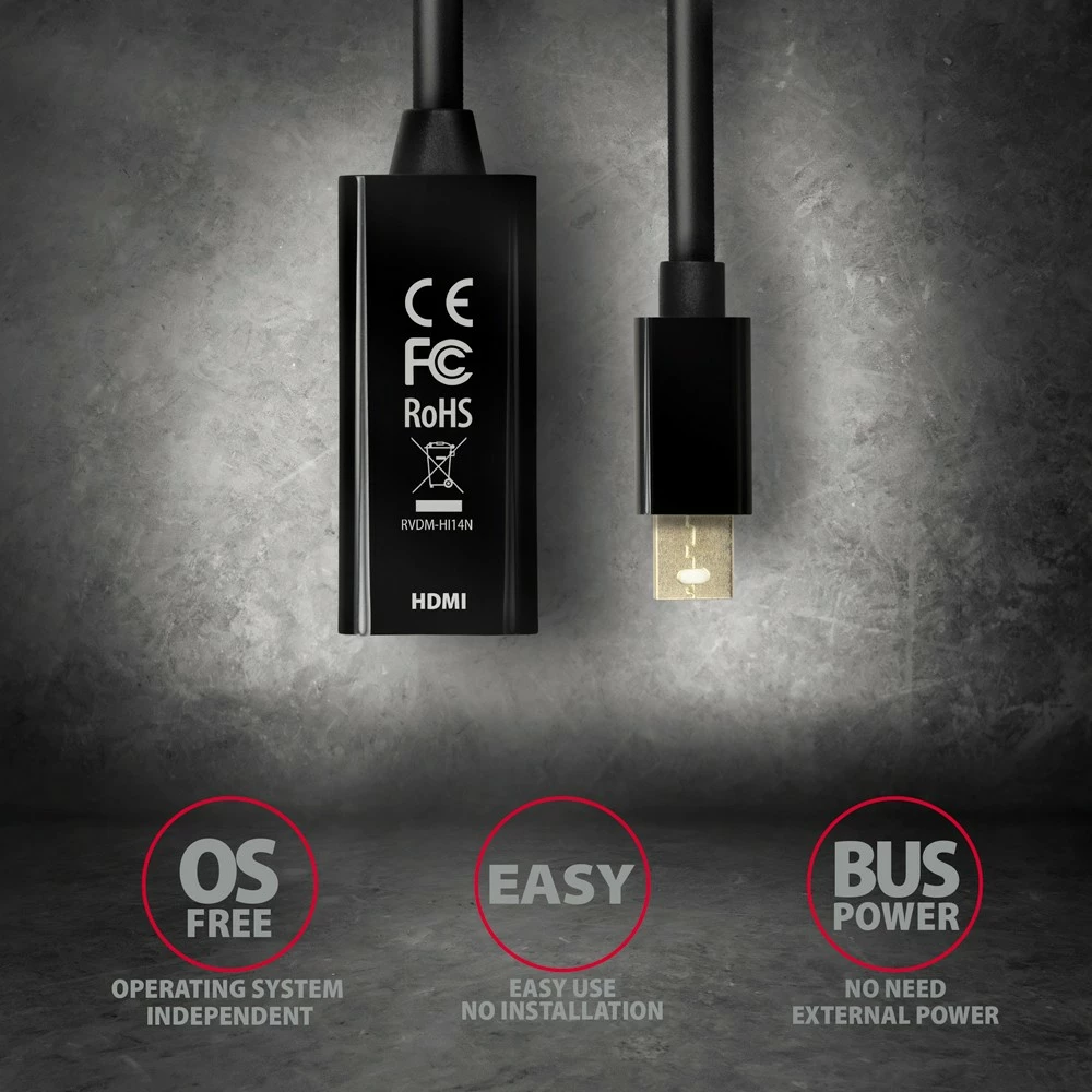 Aktivni adapter Mini DisplayPort na HDMI AXAGON RVDM-HI14N, 4K/30Hz, črn Aktivni adapter Mini DisplayPort na HDMI AXAGON RVDM-HI14N, 4K/30Hz, črn